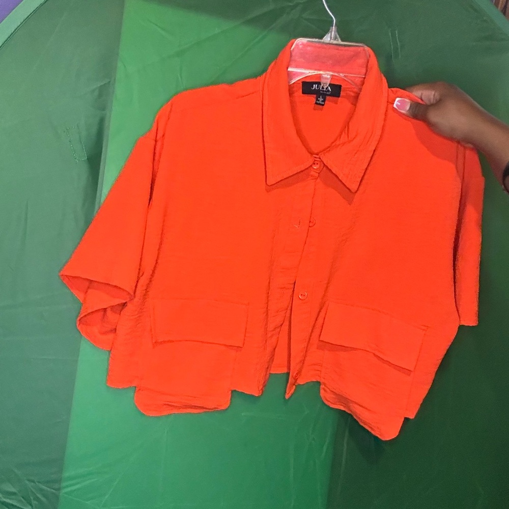 Orange Button-Up Shirt Crop Top